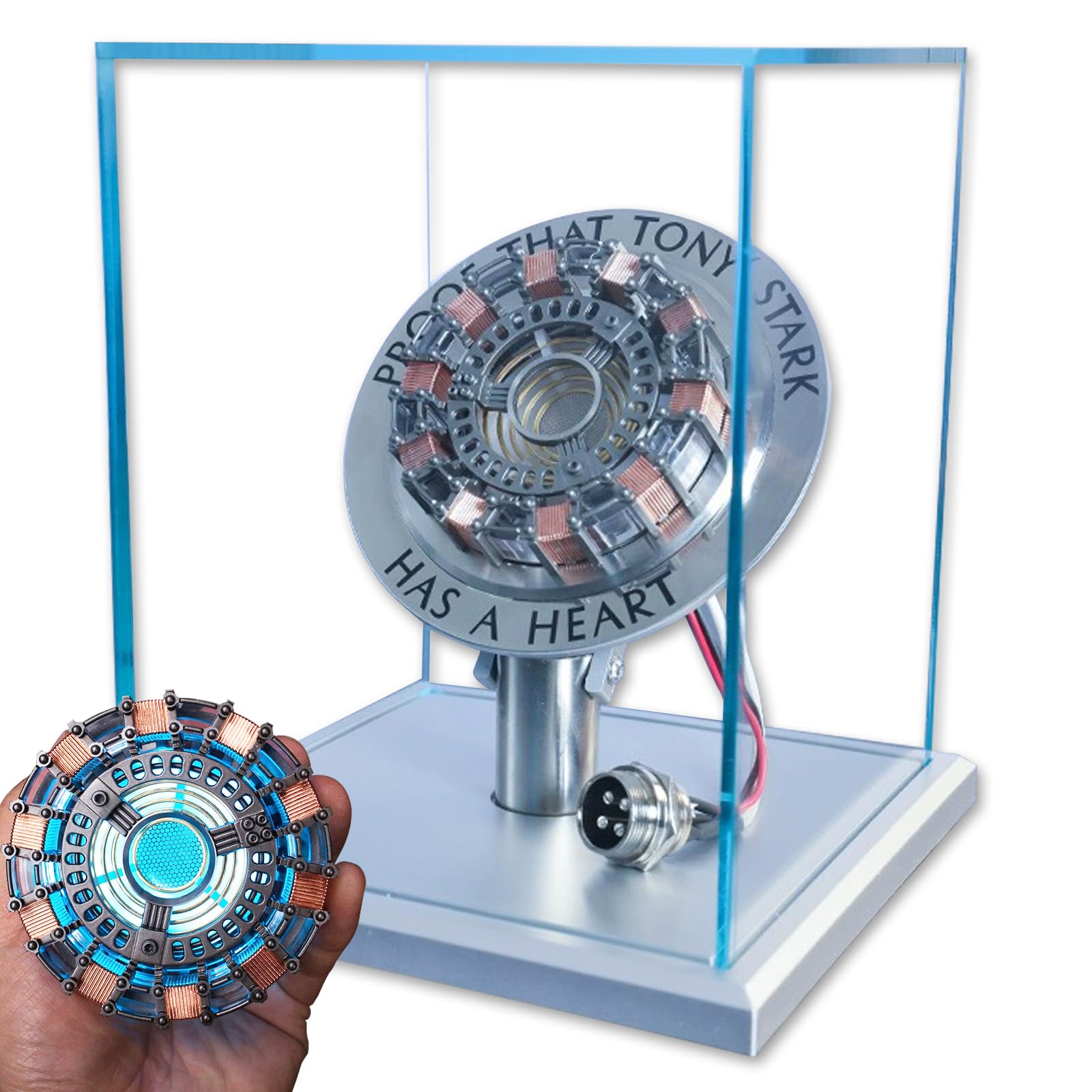 Arc Reactor MK2-1:1 Scale,Tony Heart Includes LED Light with Vibration Sensor with Metal Base Display Case for Decorating Collections and Gifts, Silver, Silver, F