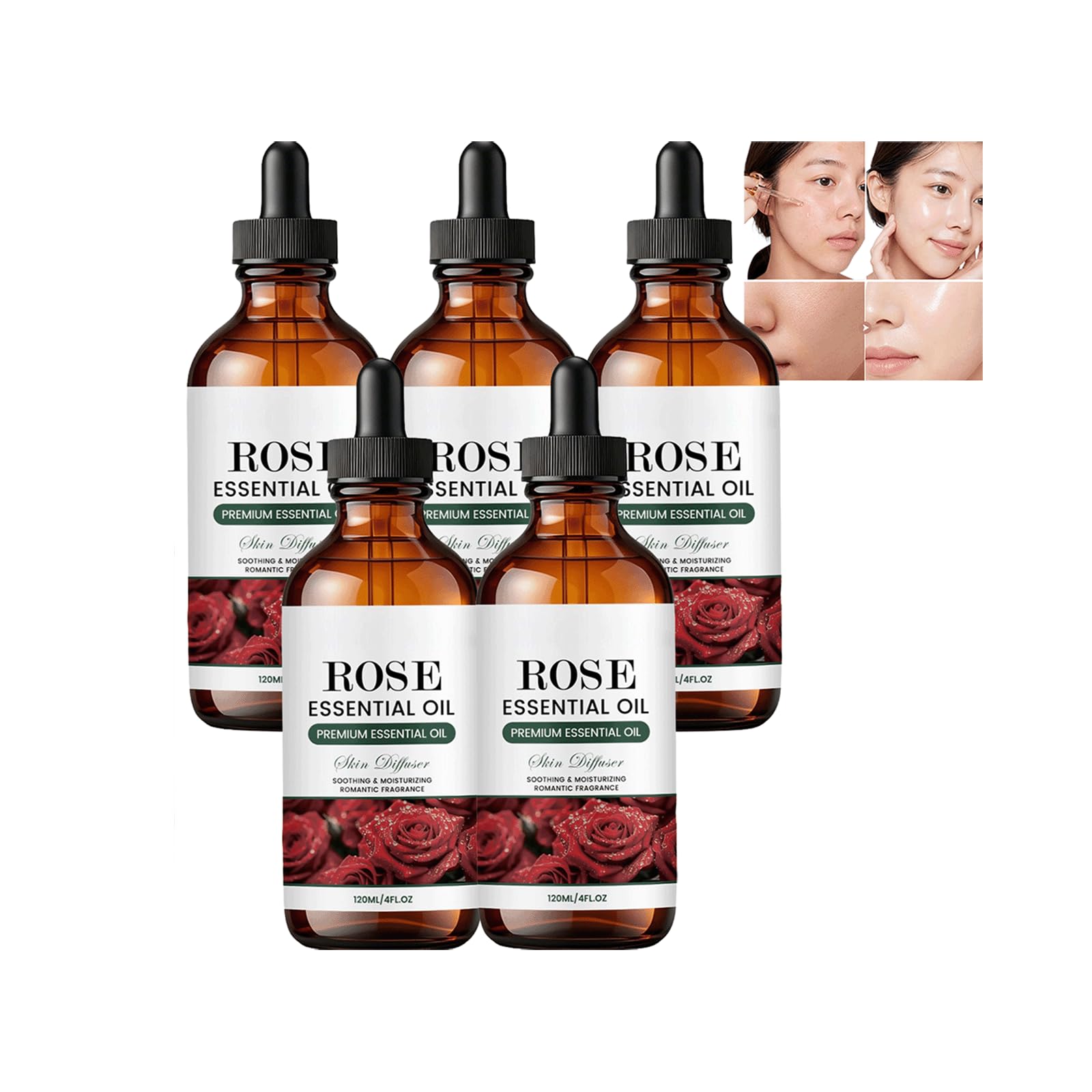 Aceite esencial reconfortante de estrés calmante de rosa orgánica, aceite de masaje hidratante seguro para la piel, cuerpo brillante, piel radiante, (5 piezas)