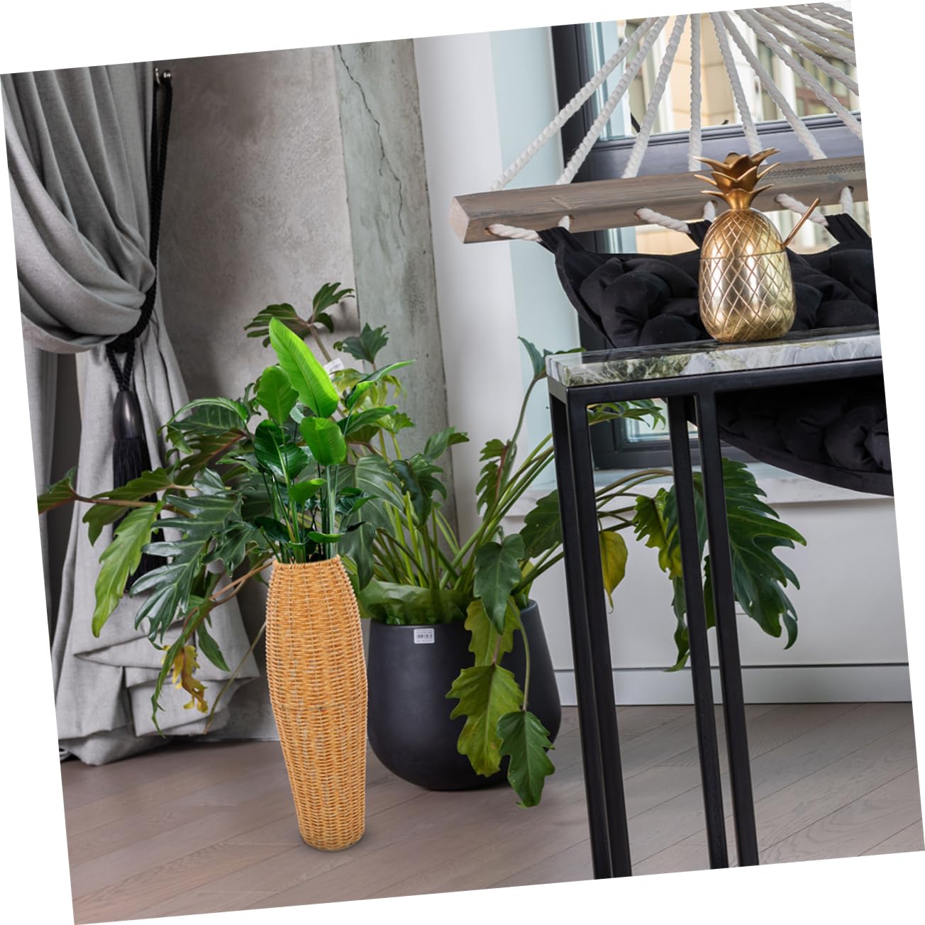 Abaodam Jarrones Altos para Suelo de Imitación Ratán en Plástico Marrón, Juego de 2 Unidades, Diseño Elegante y Rústico para Flores Artificiales y Secas en Salones y Dormitorios