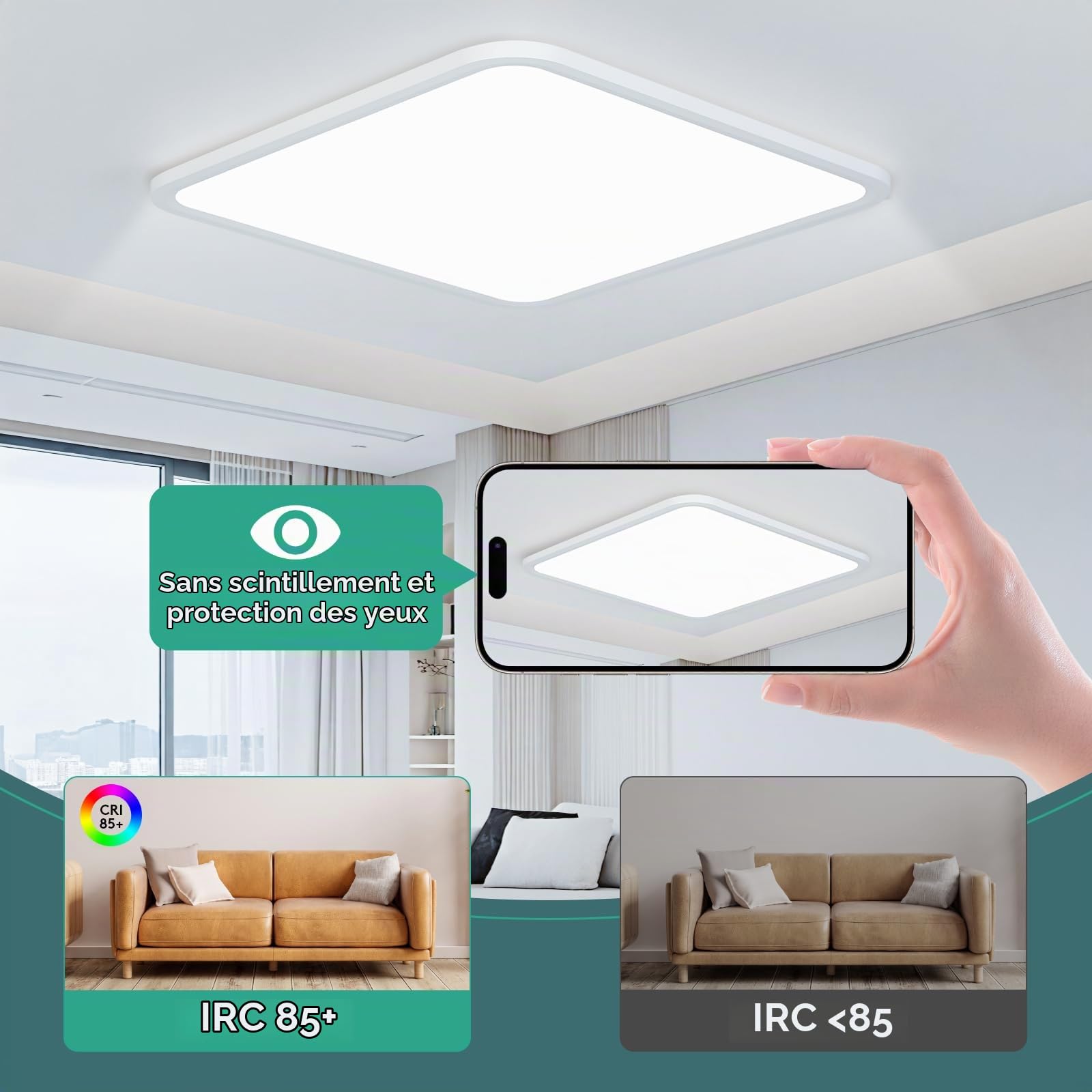 Plafonnier LED 40CM, 42W Carré Lampes de Plafond Moderne 6500K, 4800LM Luminaire Plafonnier Étanche IP44 pour Chambre, Salle De Bain, Salon, Cuisine, Bureau