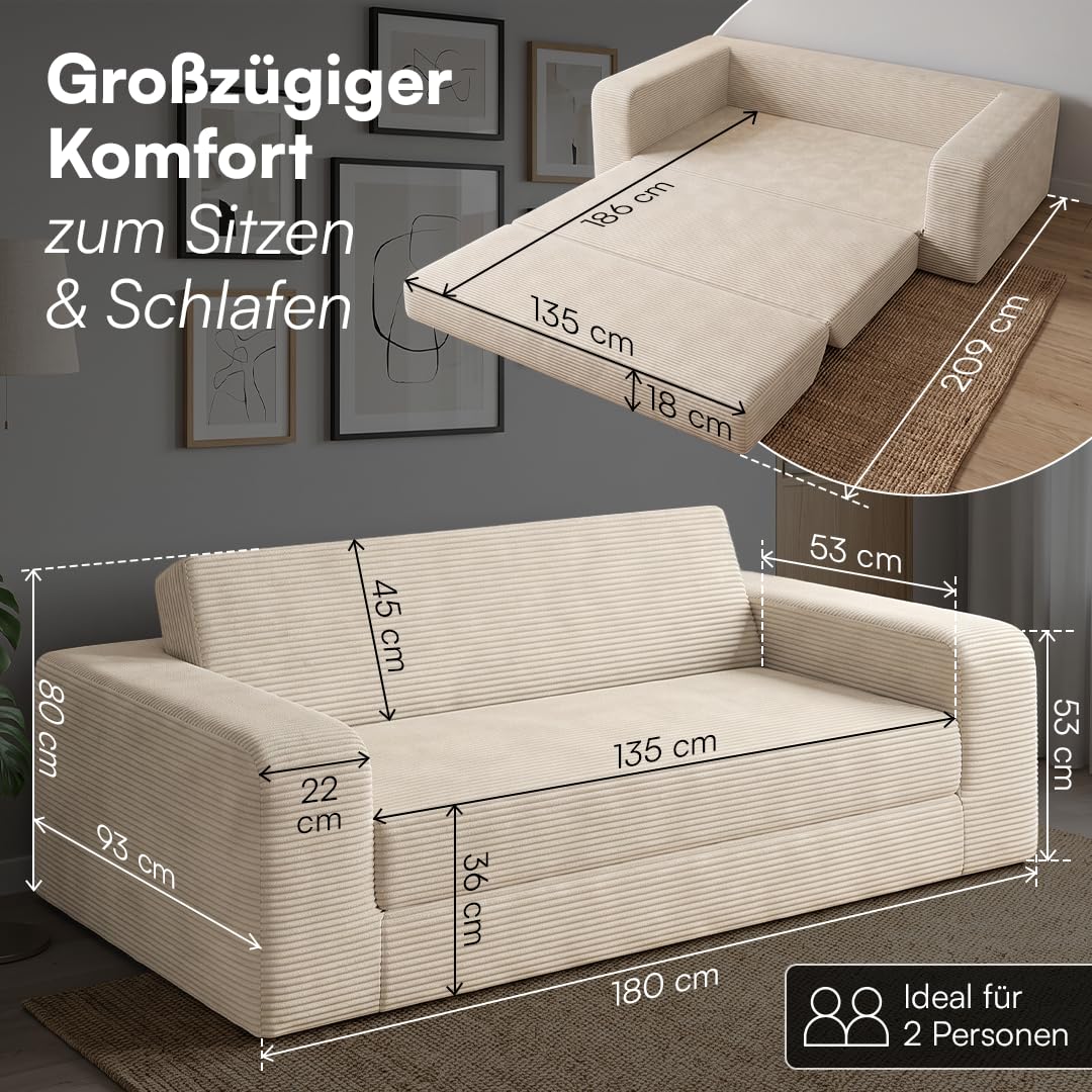 skølm Laga Schlafsofa 186x135 cm, 2-Sitzer, Cord Beige, mit Armlehnen