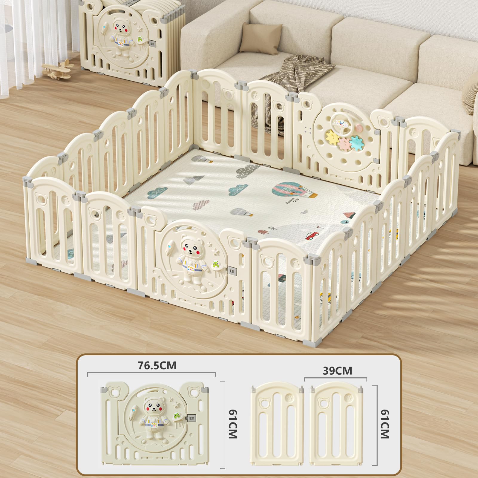 Parc Bebe Pliable, Stable, Antidérapant Avec Fermeture de Sécurité et Caoutchouc Antidérapant Sur Le Fond, Playpen Bebe Modulable Avec Fonction de Jeu, Parc Bebe Avec Tapis en Matériau HDPE