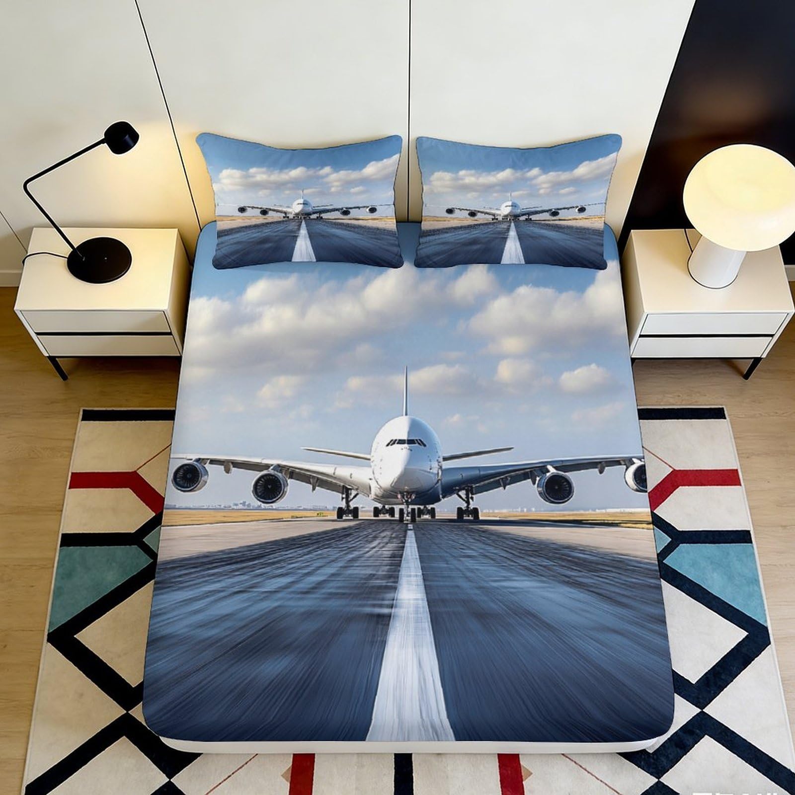 3D Printed Airplane Runway Fitted Sheet Microfiber Soft Anti-Slip Bed Cover for Bedroom Dorm Mattress Protection Decor 180x200x25cm