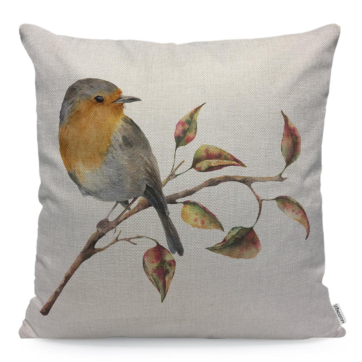 Federa Per Cuscino 45x45 Cm Con Pettirosso E Foglie Autunnali – Bianco, Giallo, Rosso – In Cotone E Lino, Per Divano E Letto