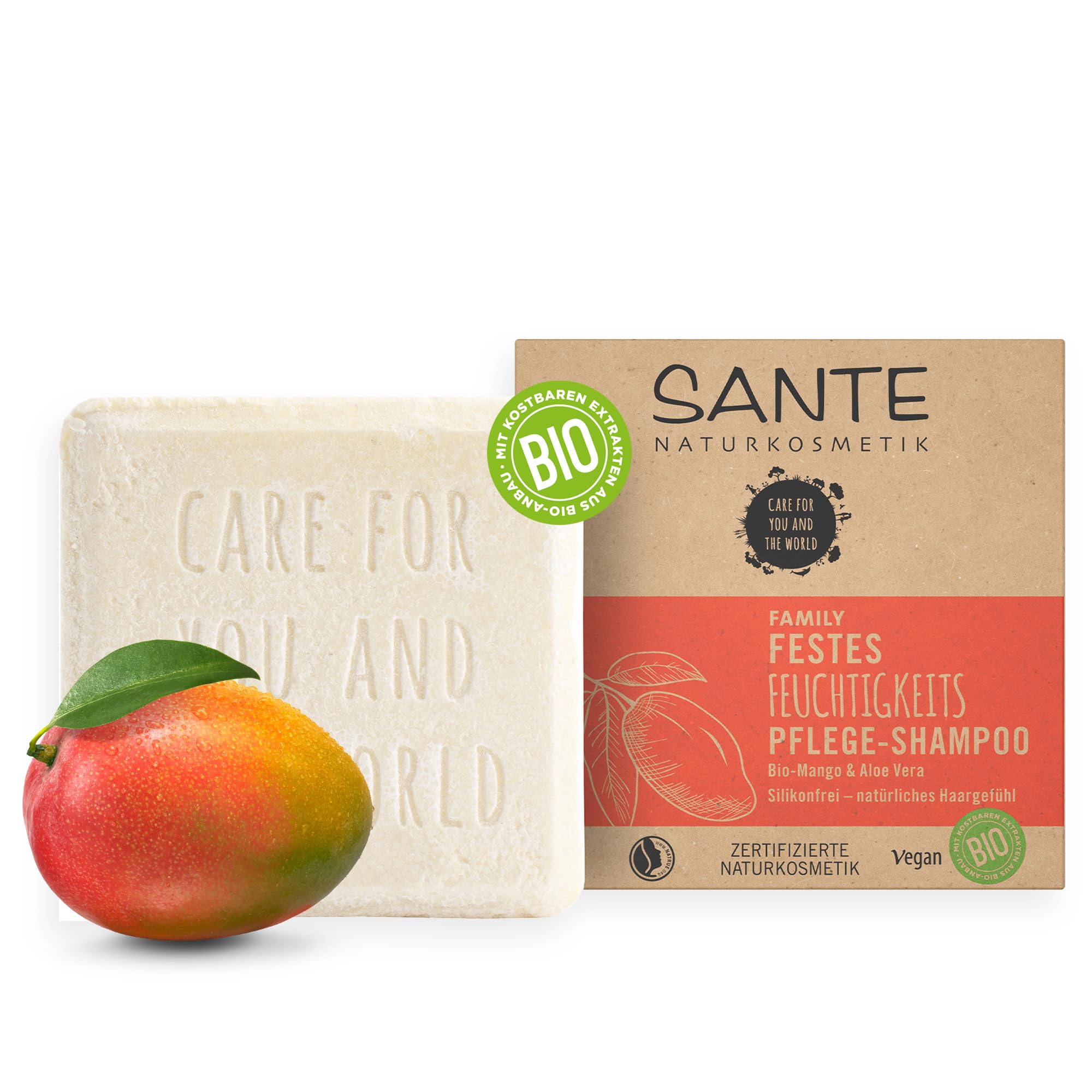 SANTE Naturkosmetik Festes Shampoo für trockenes Haar, Vegane Formel mit Bio-Aloe Vera und Mango, Festes Feuchtigkeits-Shampoo, 1 x 60 g