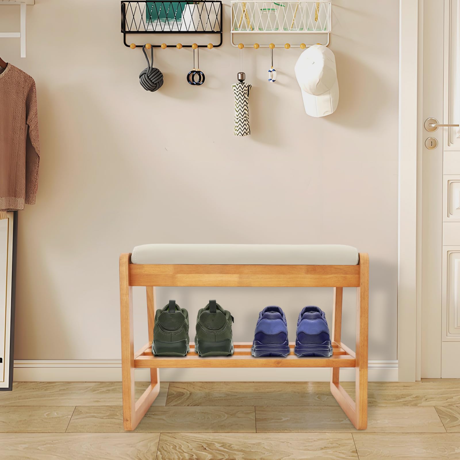 Zapatero de madera con asiento, zapatero con cojín, 2 niveles, para pasillo, armario, salón, 55 x 30 x 42 cm (color madera cerezo)