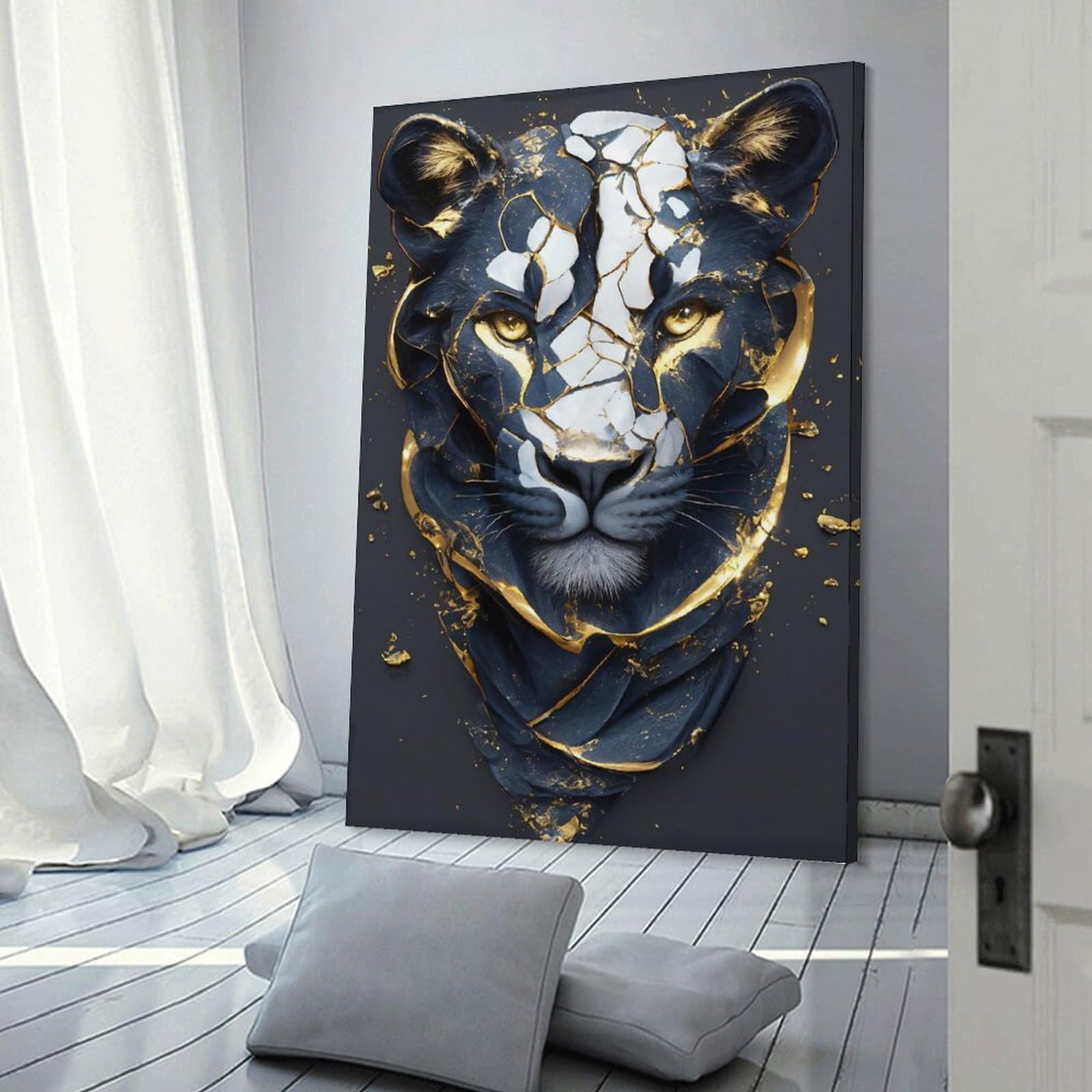 Junmoney Frame-Style-17 Canvas Wall Art Abstract Panther Portrait With Gold Accents, 16X24inch(40X60cm), For New Homes, Bedrooms Or Workspaces, Canvas Artwork With Gifting Potential