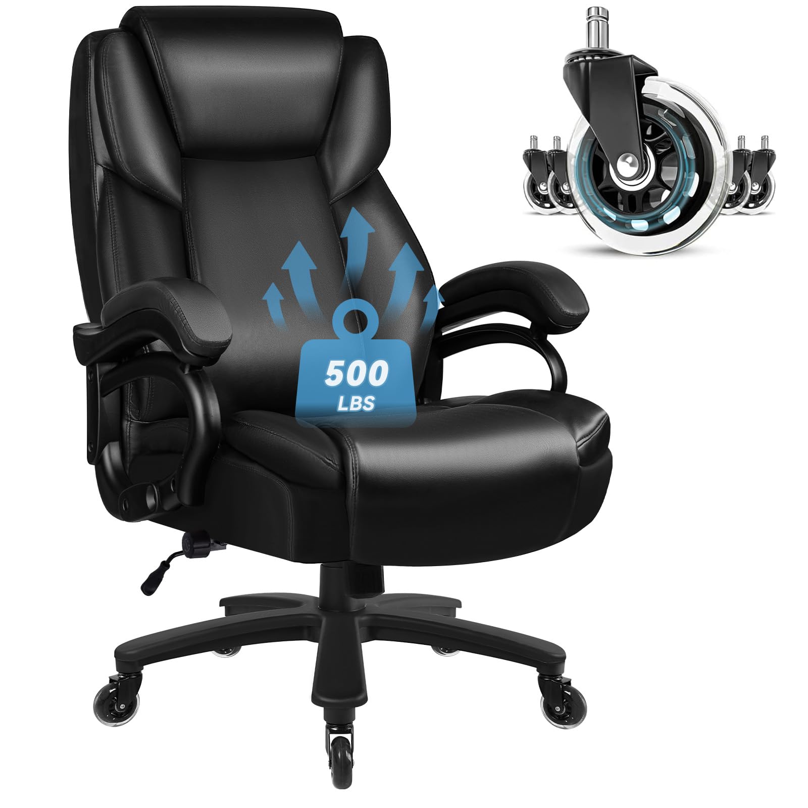OFIKA Heavy Duty Big and Tall Office Chair, 500LBS Capacity Office Chair for Heavy People, High Back PU Leather Executive Desk Chair with Wide Seat and Quiet Rubber Wheels, Large Office Chair