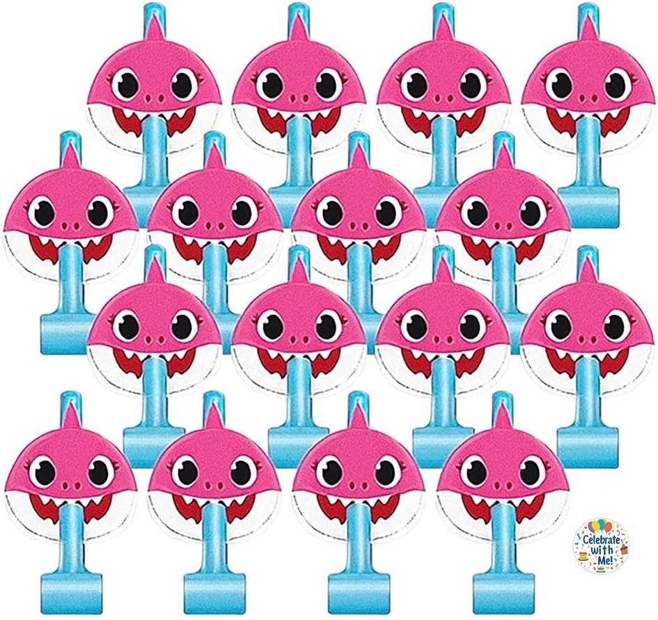 Unique Baby Shark - Party Blowouts & Sticker Bundle for 16 Guests | Officially Licensed | Birthday Party Supplies | Baby Shark Decorations for Boys & Girls | Fun Kids Party Favors for Birthdays
