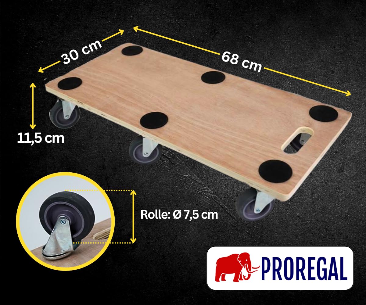 PROREGAL Profi Transportroller Hercules 30x68 cm Schwerlast bis 300 kg mit 6 Gummirollen & Griff, Sperrholzplatte, Rollbrett für Möbel Möbelroller Transporthilfe für Umzug Pflanzen Werkstatt