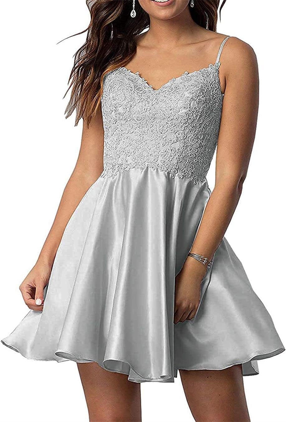 Homecoming Dresses Satin A Line Sleeveless Spaghetti Straps Double V Neck Beaded Applique Short Maid of Honor Gowns with Pockets