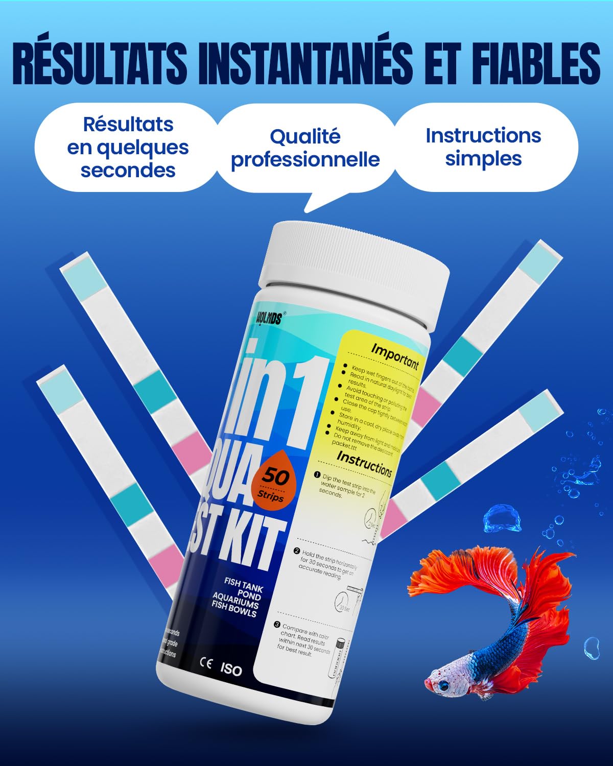 Bandelettes de test d'aquarium – Boîte de test d'eau 8 en 1 : tests rapides et précis pour l'eau douce et l'eau salée, 50 bandelettes pour mesurer le nitrite, l'ammoniac pour l'entretien