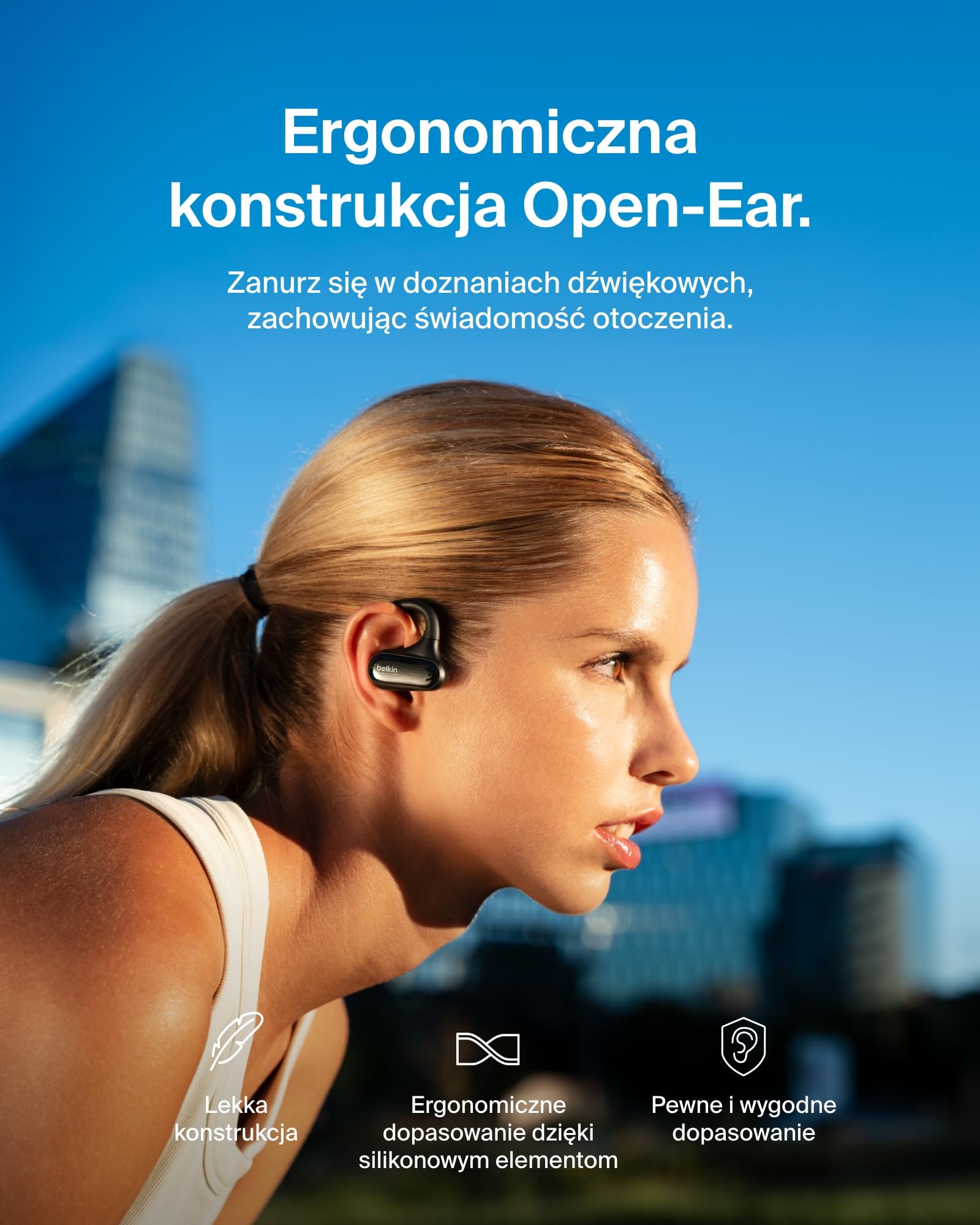 Belkin SoundForm ClearFit Bezprzewodowe Słuchawki Douszne typu Open-Ear, wodoodporne (IPX5) słuchawki bezprzewodowe sportowe Bluetooth, do jazdy na rowerze, wycieczek w góry, biegania – czarne