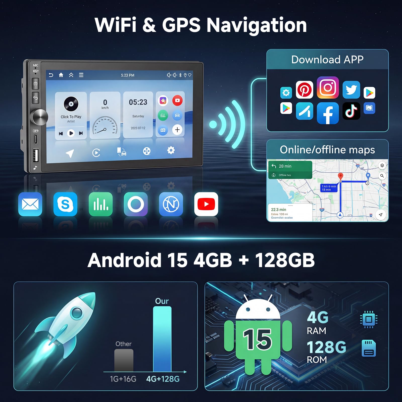 Hodozzy 4 GB + 128 GB Android radio samochodowe 2 DIN z bezprzewodowym Carplay Android Auto, 7 cali Incell ekran dotykowy radio samochodowe z nawigacją WLAN, DSP, Bluetooth, Mirror Link, SWC, FM/RDS