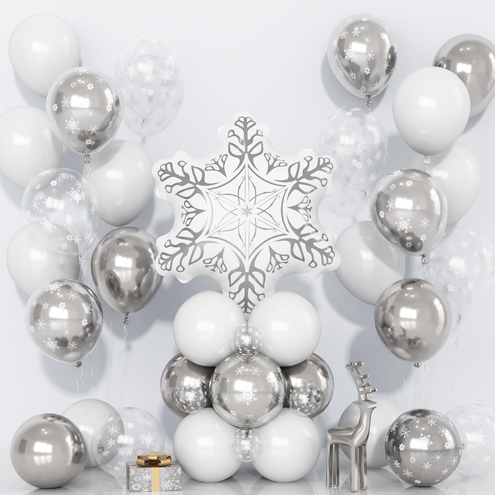 Snowflake Winter Wonderland Balloons, Silver and White Latex Balloon Kit with Snowflake Helium Foil Balloon Set for Ice Snow New Year Festival Winter Onderland Baby Shower Christmas Party Decorations — image 1