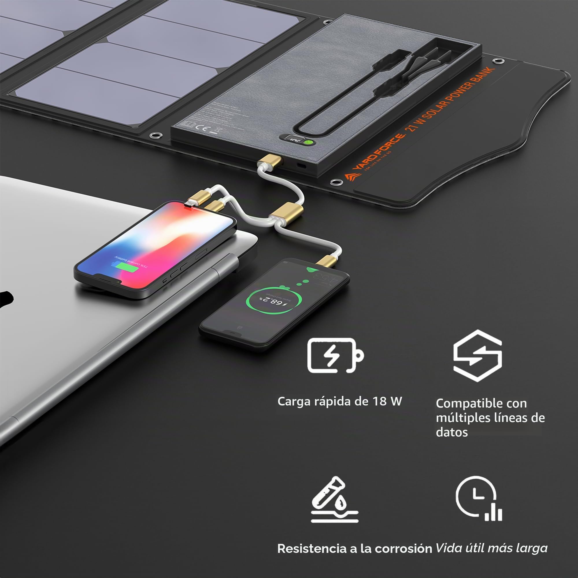 Yard Force Cargador Solar portátil de 21 W con 2 Puertos USB, batería incorporada de 13000 mAh, para Cargar Dispositivos USBiPhone, Android, MacBook, LX PB21, Negro