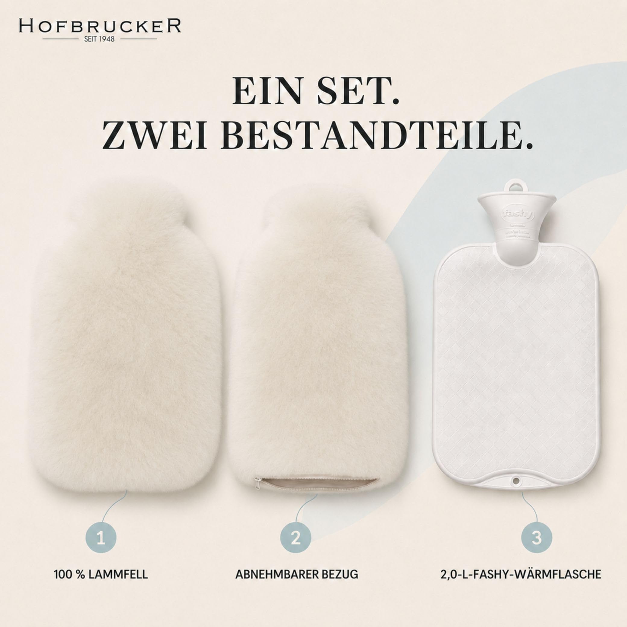 Hofbrucker - Lot de 2 Bouteilles Chauffantes en Peau d'Agnneau et Bouillotte Blanc 2L - Classique - Bouteille Thérapeutique