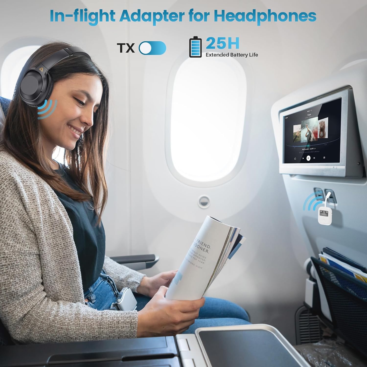 Woman using YMOO SafeFly Min+ with headphones on an airplane, illustrating in-flight use.