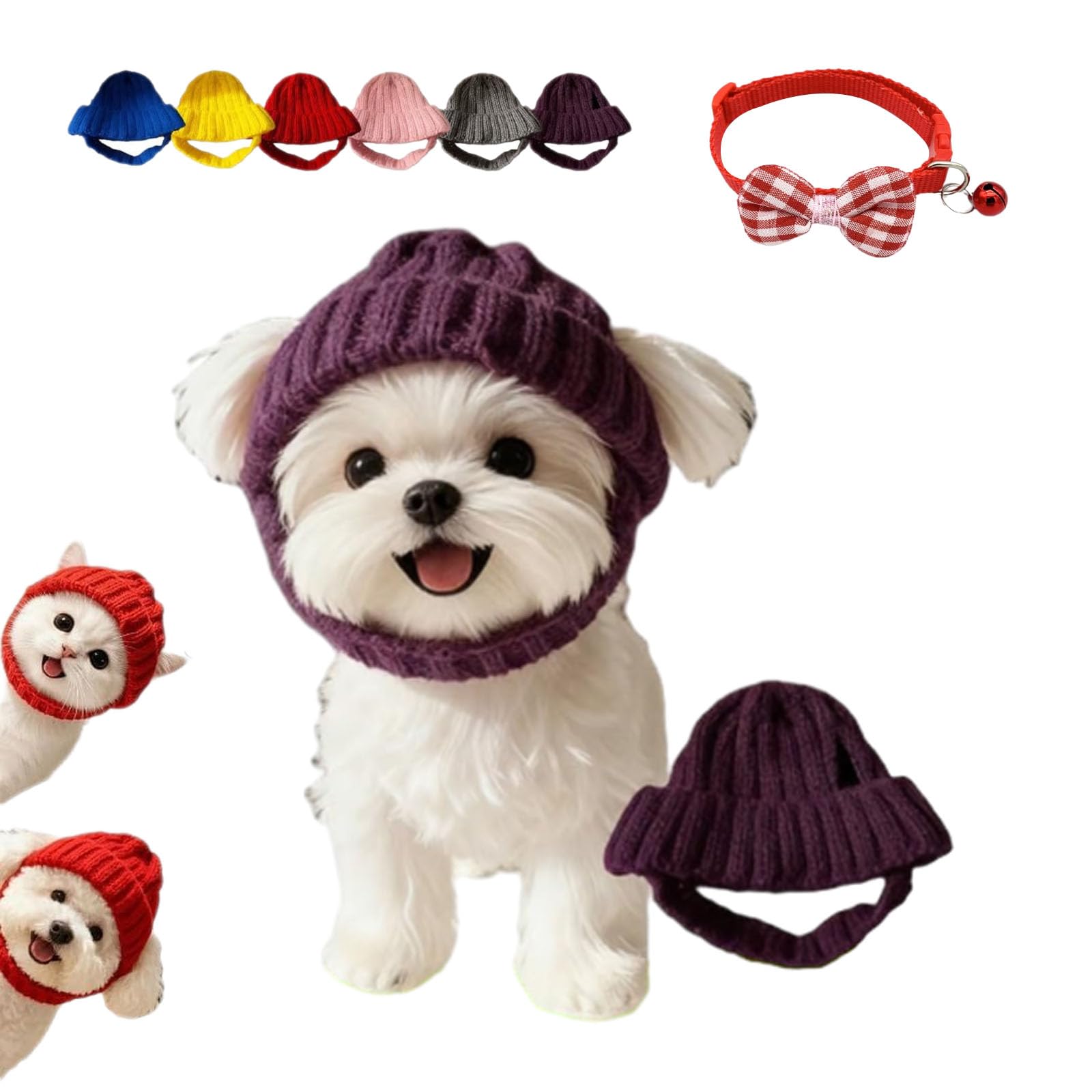 Red Knit Dog Beanie with Ear Flaps, Warm Winter Pet Hat for Small Dogs and Cats, Cozy Stretchy Pet Knit Hat and Flexible Fit, Funny Warm Knitting Wool Hats with Ear Holes for Cold Weather (Purple)