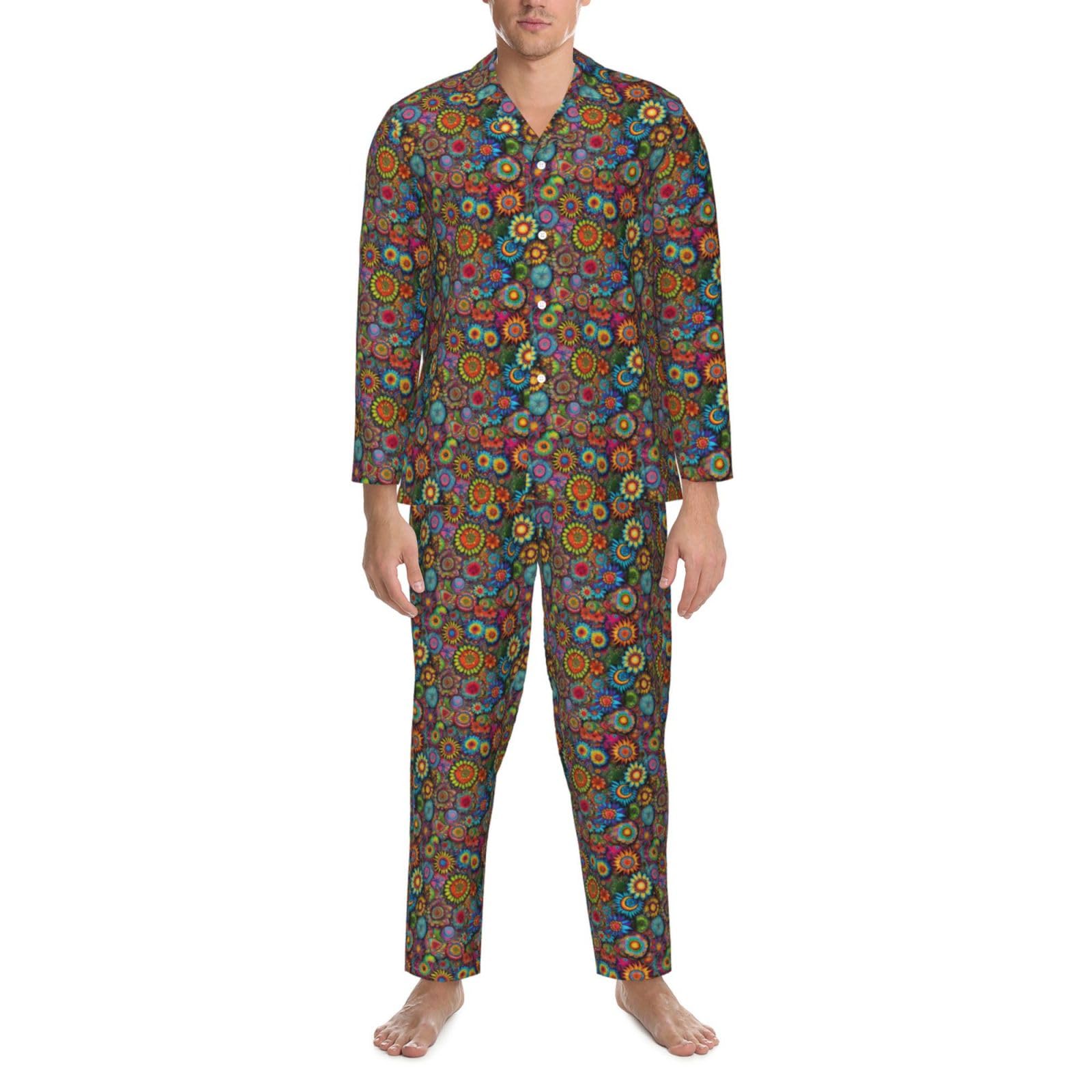 Herren-Pyjama-Set, langärmelig, Hippie-Muster, zweiteilig, Hauskleidung, bequeme Nachtwäsche