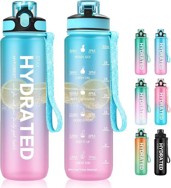 MYFOREST 1Litre Drinking Bottle with Straw,1L Sports Water Bottle with Time Marker,1000ml Daily Water Intake Bottle for Remind you to hydrate in time - Blue Purple