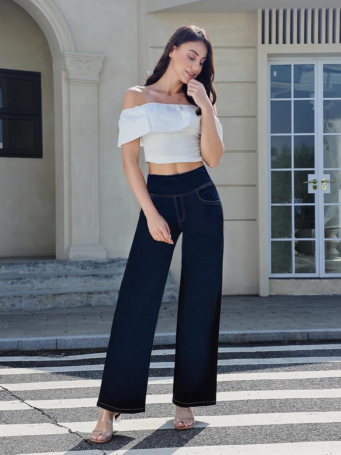 Pull on Wide Leg Jeans for Women, High Waisted Stretchy Baggy Trendy Tummy Control Straight Leg Jeans Denim Pants - Image 3