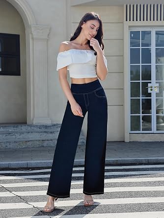 Pull on Wide Leg Jeans for Women, High Waisted Stretchy Baggy Trendy Tummy Control Straight Leg Jeans Denim Pants