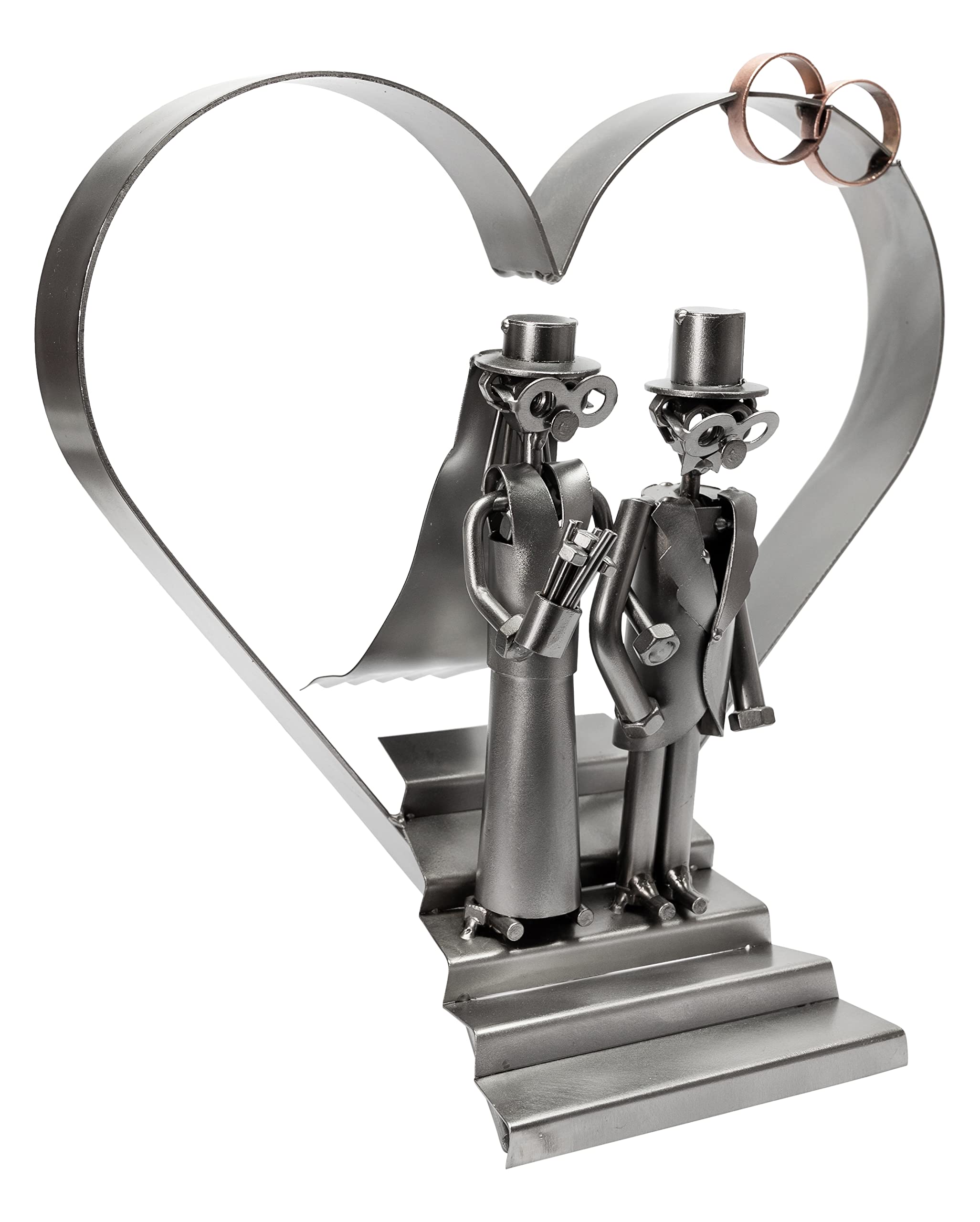 STEEMO Schraubenmännchen Hochzeit Hochzeitspaar Figur - Brautpaar Hochzeits-Geschenk Metall-Kunst Deko Herz, Stahl, grau 31x16x31 cm