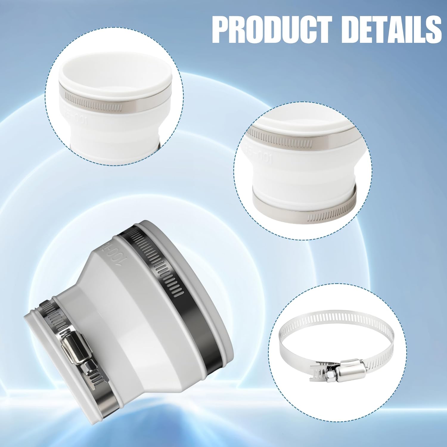 Round to Round Dryer Duct Adapter Recessed Hose Connector with Stainless Steel Clamp for Air Exhaust Ventilation Systems, White