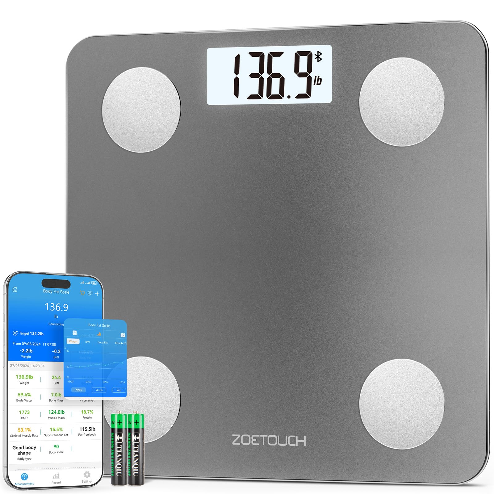 Smart Bathroom Scale for Body Weight, Digital Weighing Scale with BMI, Body Fat, Muscle Mass, Bluetooth Machine for People, Work with App, 14 Body Composition Analyzer