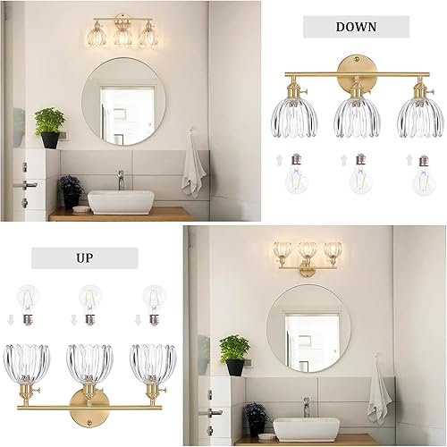 Miniatura 6 de Lámpara de baño, lámpara de pared de latón de 3 luces sobre espejo con pantalla de cristal de tulipán transparente para dormitorio, sala de estar