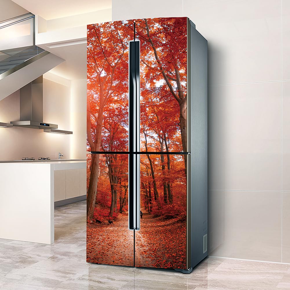 Myxjx One Color Fridge Wrap, Full Covering Door Fridge Covers Skins Wall Stickers For Kitchen Decal, Red Forest Road Landscape