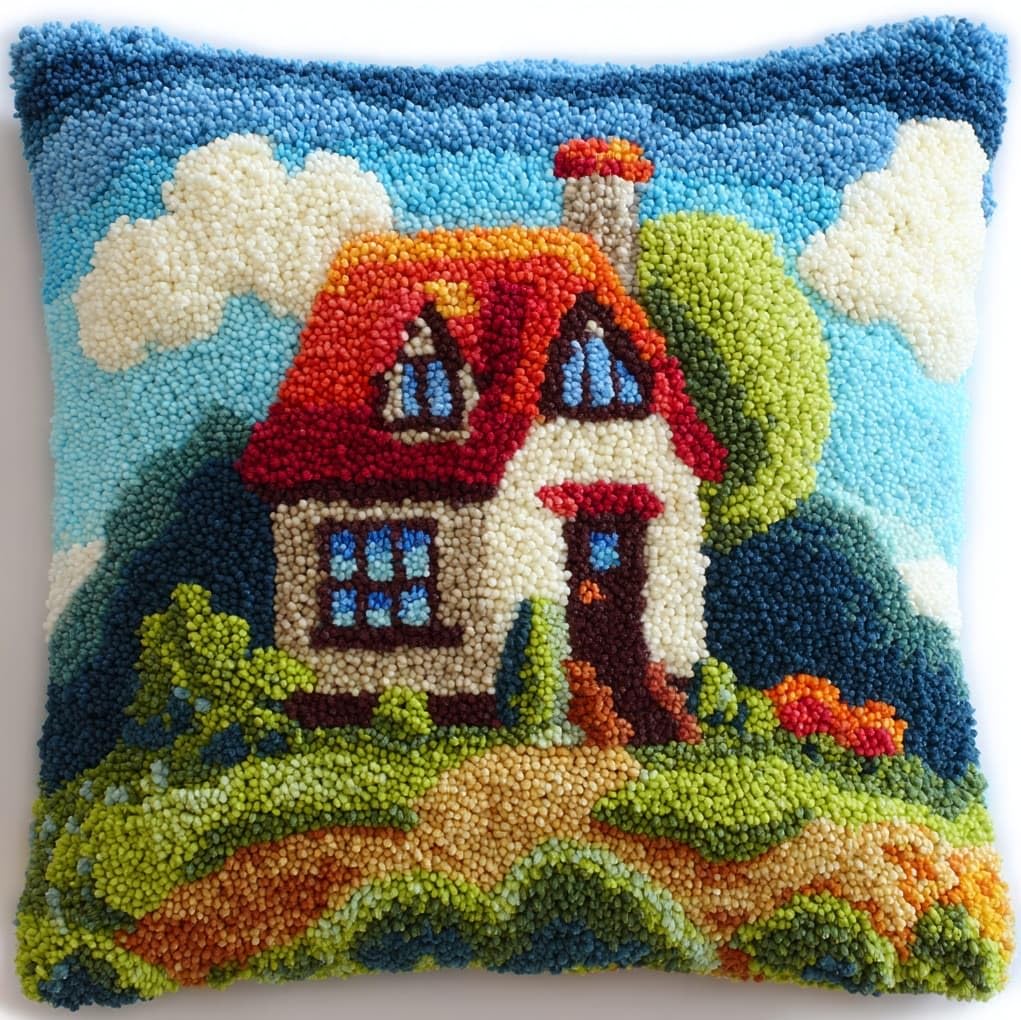 WallustrioaW Latch Hook Pillow Case Kits,Cartoon House in the Forest