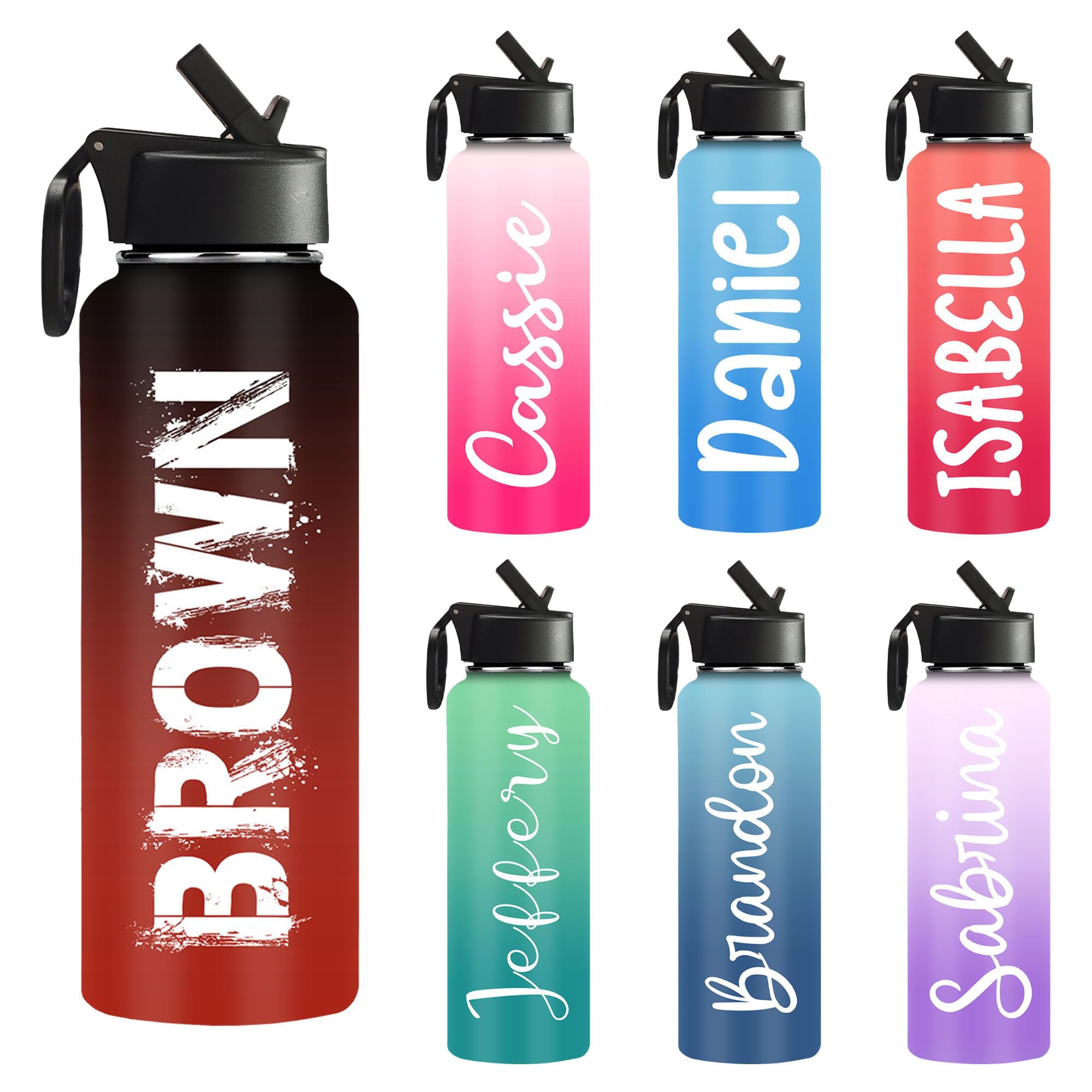 PerStudio Custom 18/32oz Water Bottles for Men Women,Personalized Name Stainless Steel Sports Water Bottle with Straw-Double Wall Insulated Gifts for