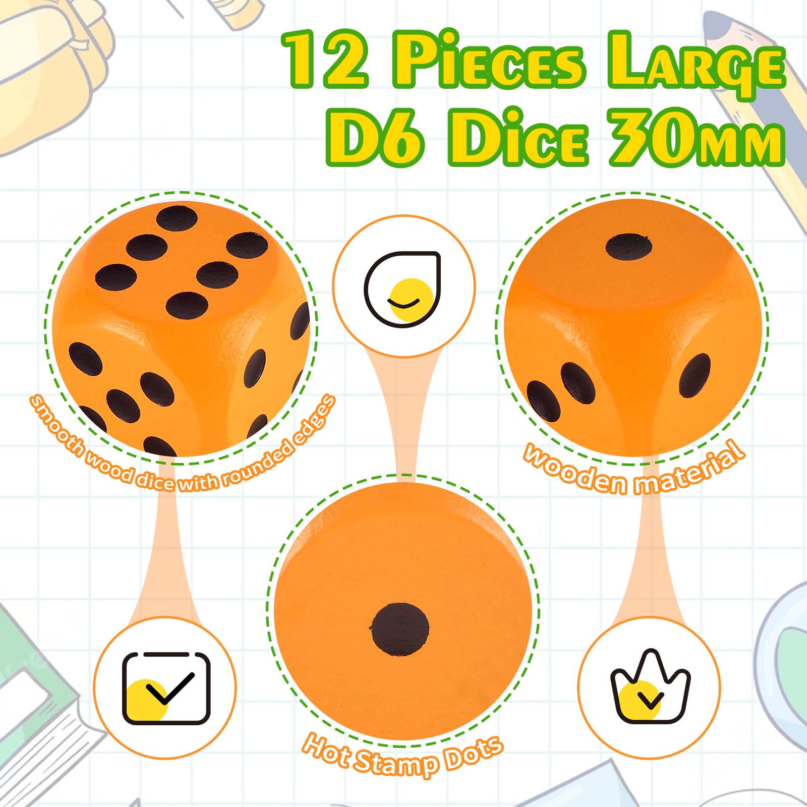 Set De 10 Dados De Madera Natural De 30 Mm – Números 1-6 En 5 Colores – Grandes Y Ligeros Para Juegos De Mesa Y Fiestas