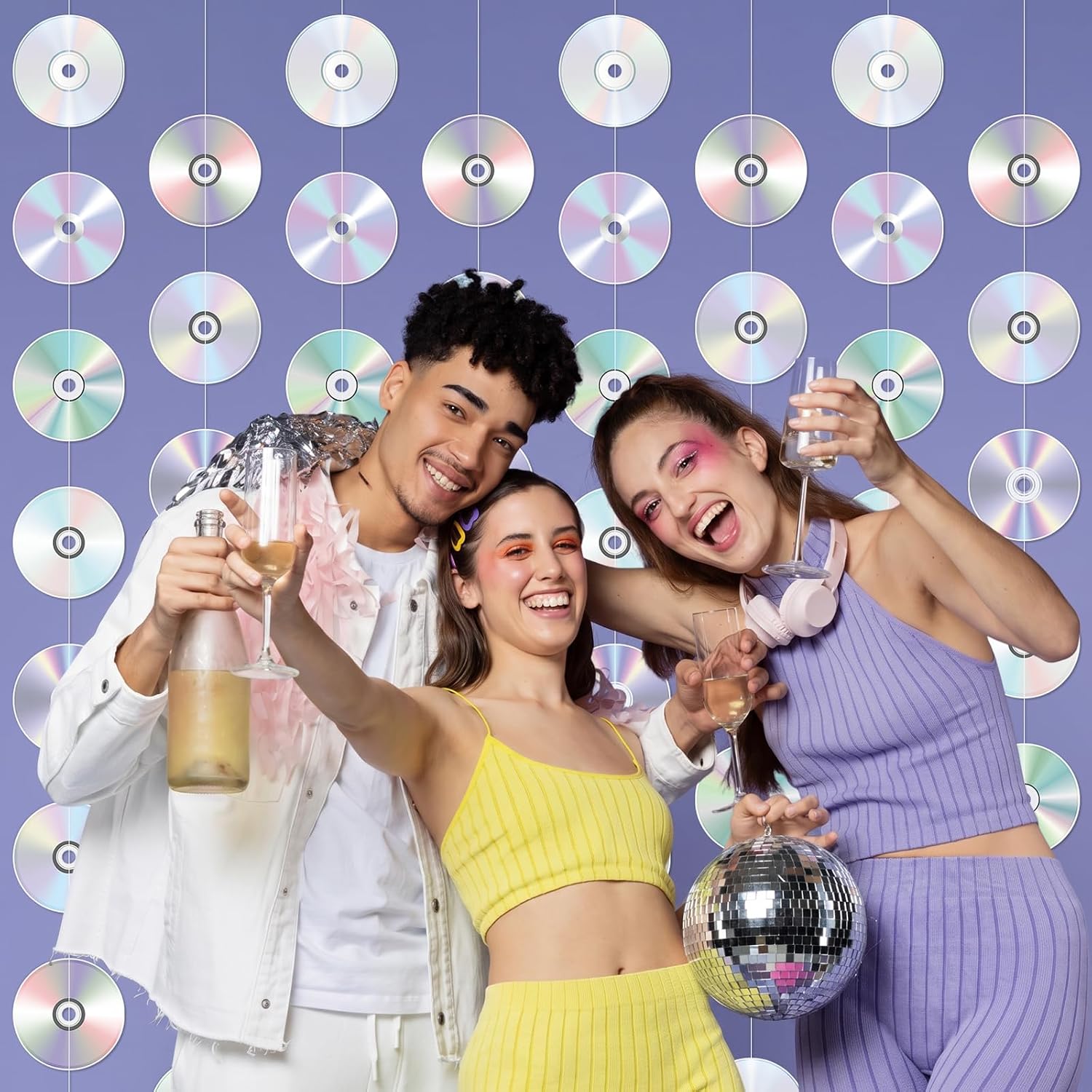 8 Pack Total 40 ft Iridescent CD Disc Garland, Sewn Holographic Hanging Disco Mix CD Chain Banner, 6.3 Inch Reflective Discs Party Decoration for Birthday, Rave, Festival, 90s Photo Booth, Room Decor