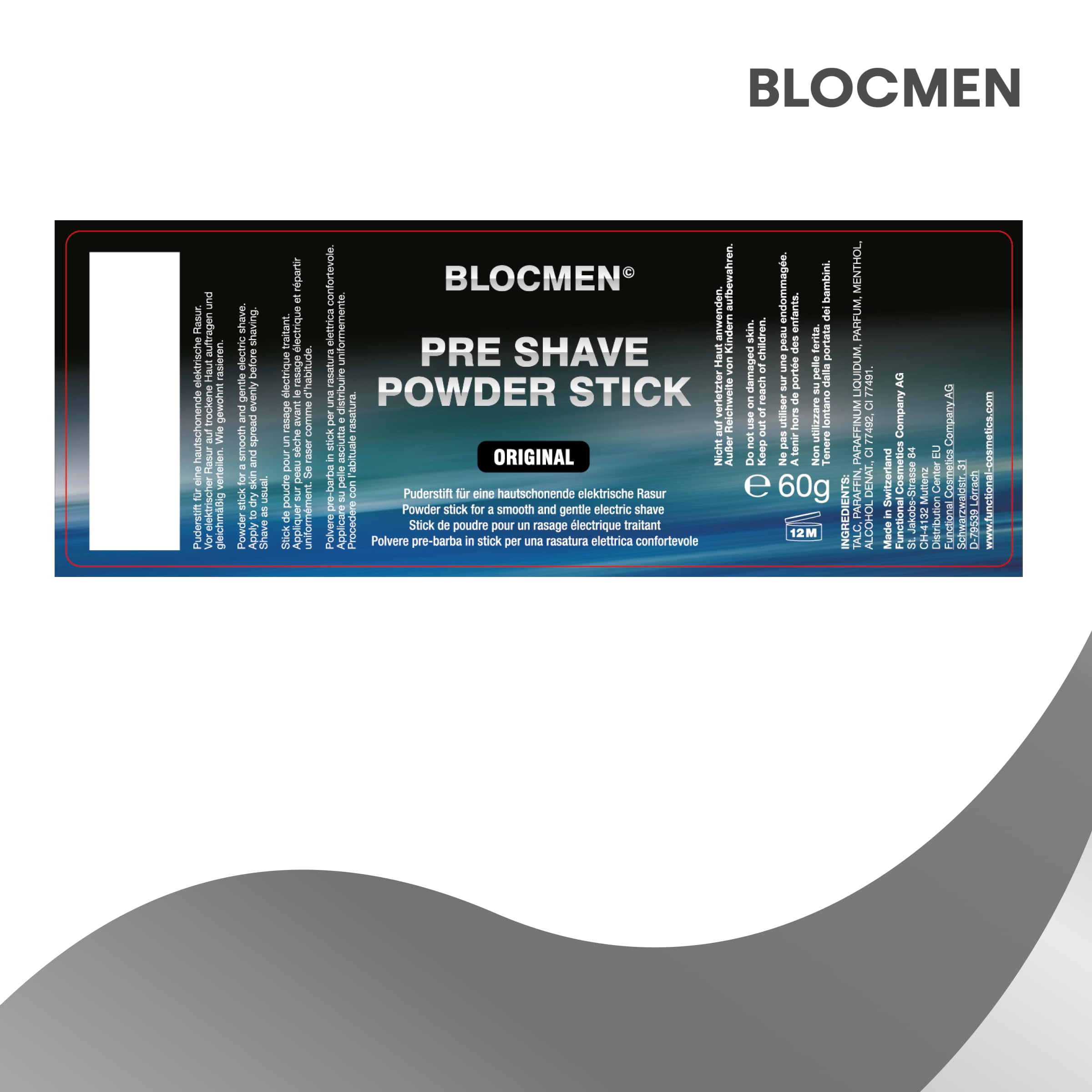BLOCMEN Original Stick di cipria per una rasatura a secco delicata ohne irritazioni 60g - pre-barba con mentolo per uomo