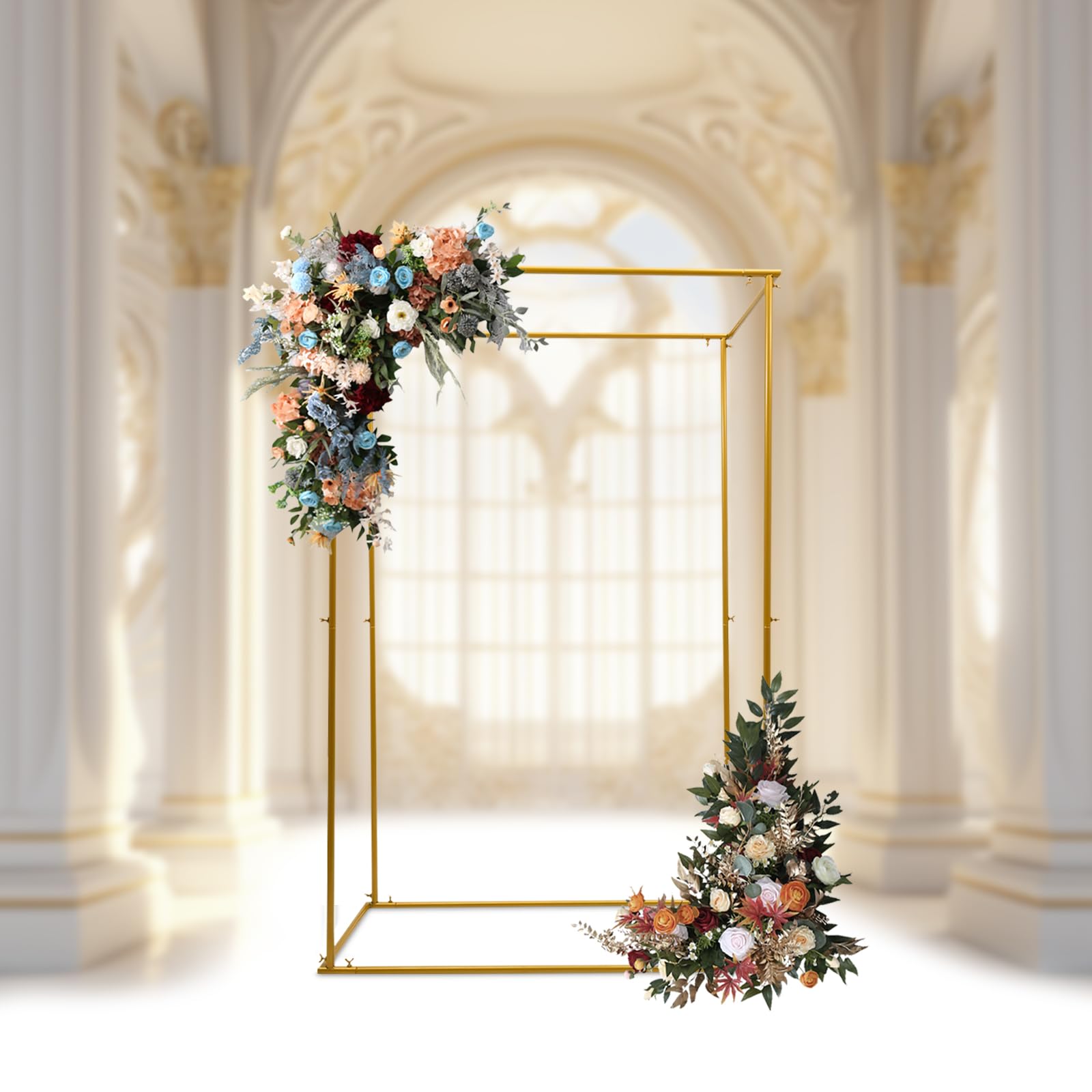 Kwadratowy złoty łuk weselny, 114 x 60 x 180 cm, metalowy łuk, stojak na tło z motywem kwiatowym, na urodziny, wesele, baby shower, wieczór panieński