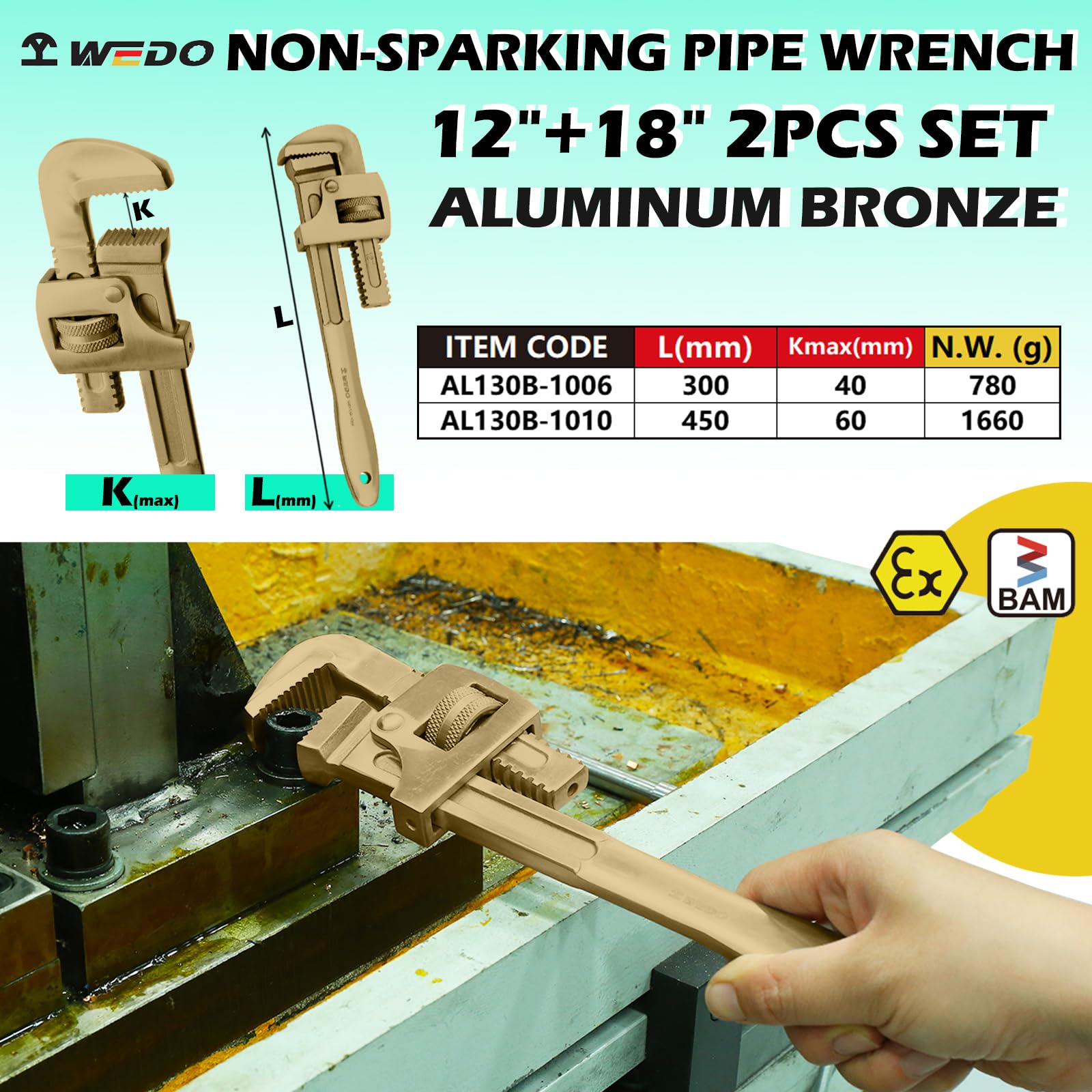 WEDO Zestaw kluczy do rur nieiskrzących, 30 cm + 45 cm, 2 szt. prosty zestaw kluczy hydraulicznych, regulowany klucz do rur, aluminiowy brąz, odporny na korozję, polerowana powierzchnia, standard BAM