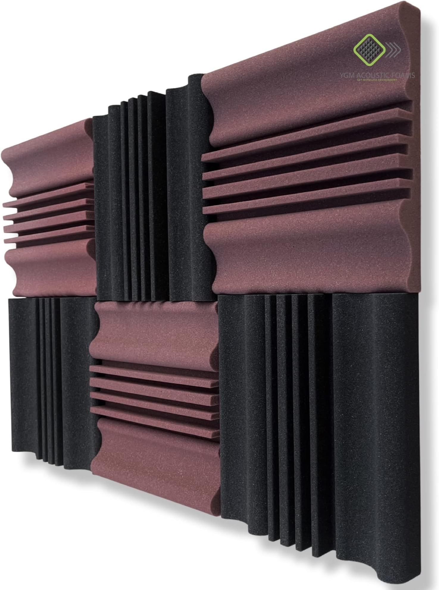 YGM Acoustic Foams® Wave Diffuser Premium Studio Absorption Foam Wall Panel - PACK of 6, Coffee (Brown)+ Black, 12'' X 12'' X 2'' Broadband Sound Absorber - Periodic Groove Structure