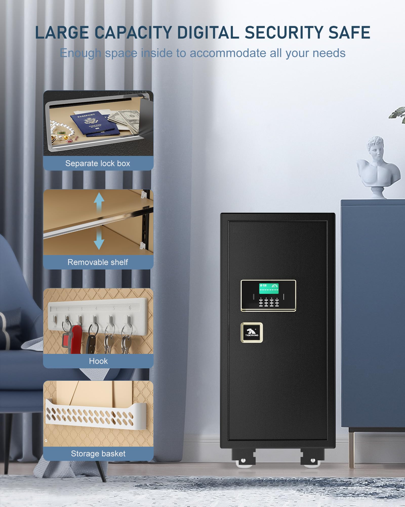 TIGERKING 5.9 Cu.ft Large Heavy Duty Safe Box, Big Home Security with Double Safety Key Lock, Adjustable Shelves, Anti-Theft Alarm System, Removable Wheels, Ideal for Home Office, Black: Black 5.9Cubic