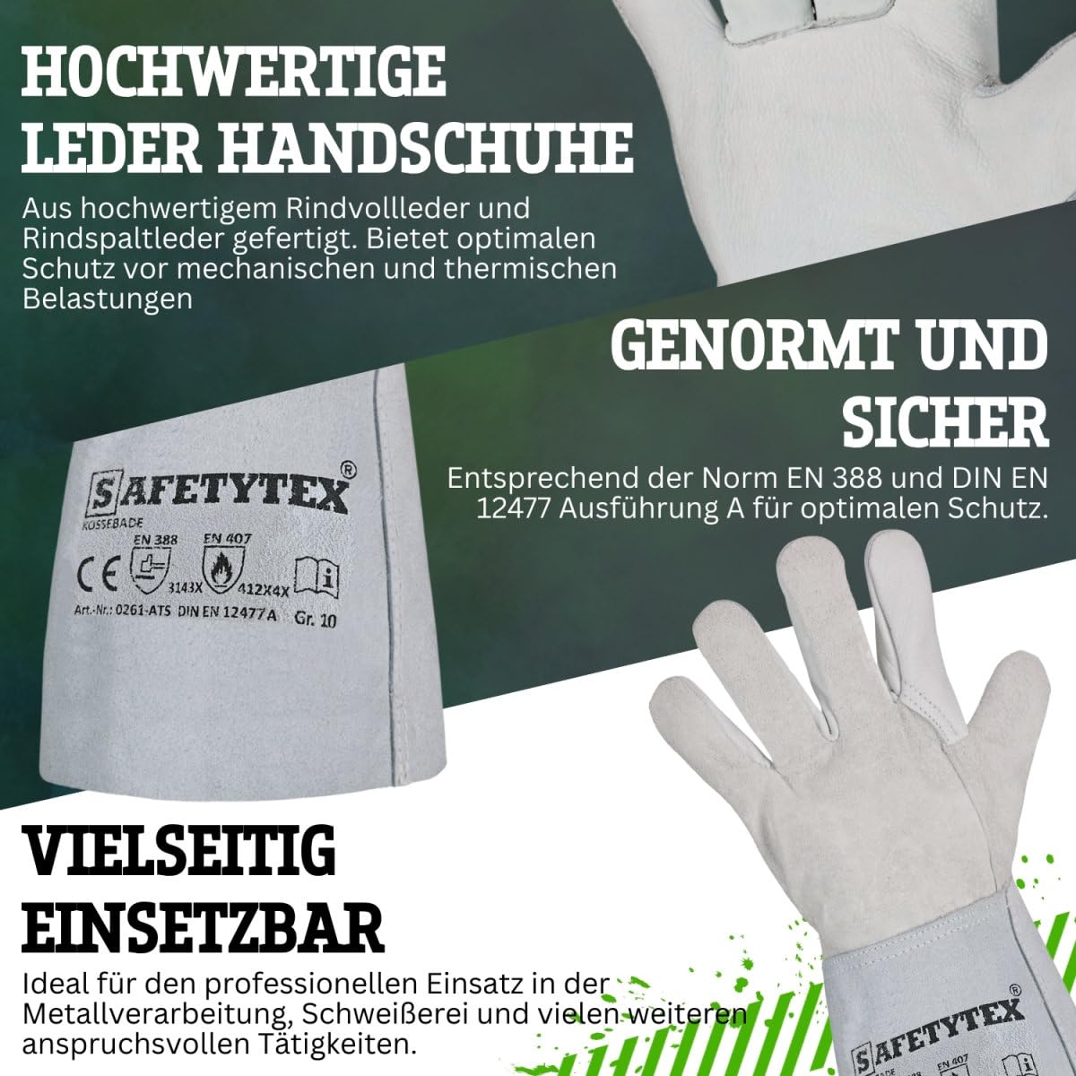 Safetytex Rindleder Handschuhe KOSSEBADE - Schweißerhandschuhe aus Rindvollleder & Spaltleder - Schutz vor Hitze, Funken & mechanischen Einflüssen - Größen: 10,5 12 Stück