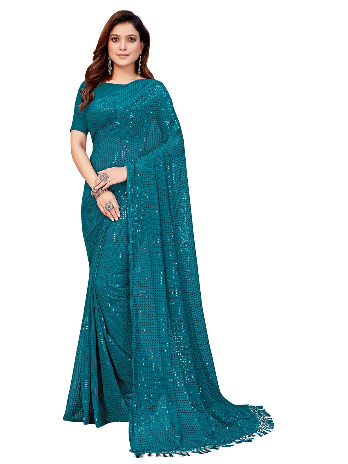 Pratham Blue Women's Sequins Georgette Fancy Saree With Blouse Piece
