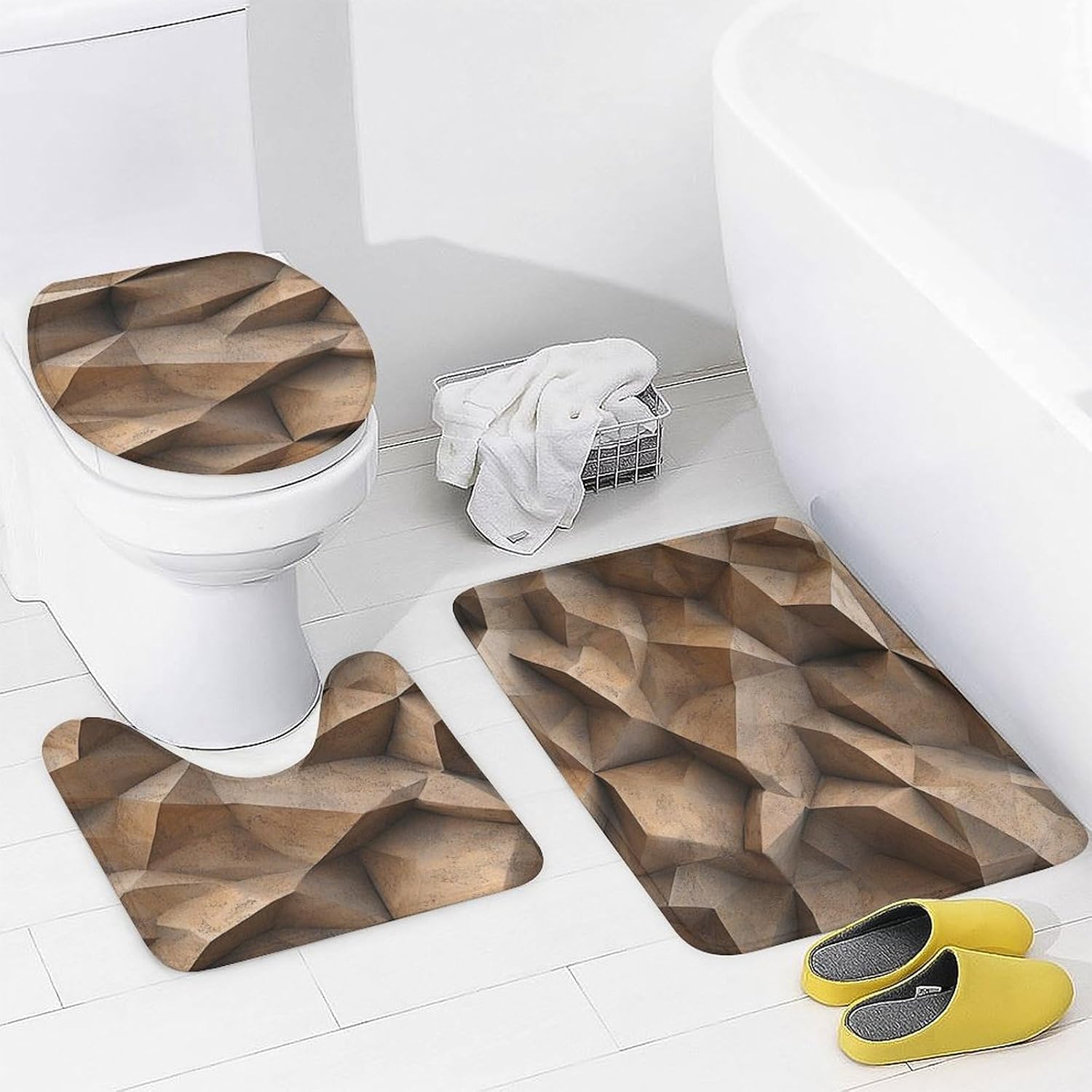 Bathroom Rugs Sets 4 Piece with Shower Curtain, Granular Brown Surface Pattern Printed on Bathroom Rug and Shower Curtain Sets, Designed for Farmhouse Boho Contemporary Bathrooms, 72 x 72 inches
