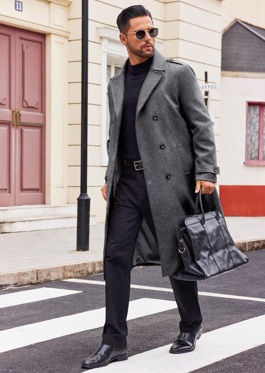 Runcati Mens Double Breasted Trench Coat Notched Lapel Long Peacoat Classic Casual Winter Overcoat - Image 5