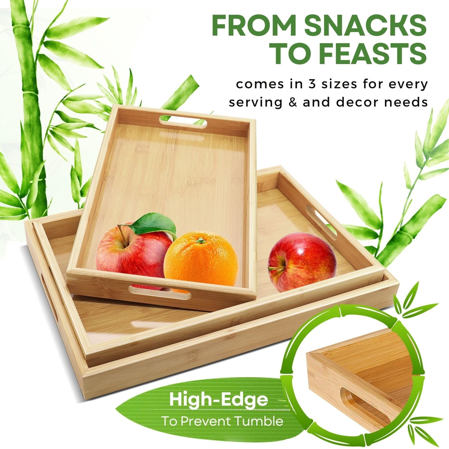 Flexzion Bandejas de bambú para Servir Alimentos, Paquete de 3 bandejas de Madera de bambú con Asas, Juego de bandejas rectangulares de bambú para Alimentos (Grande, Mediano, pequeño) para Desayuno,