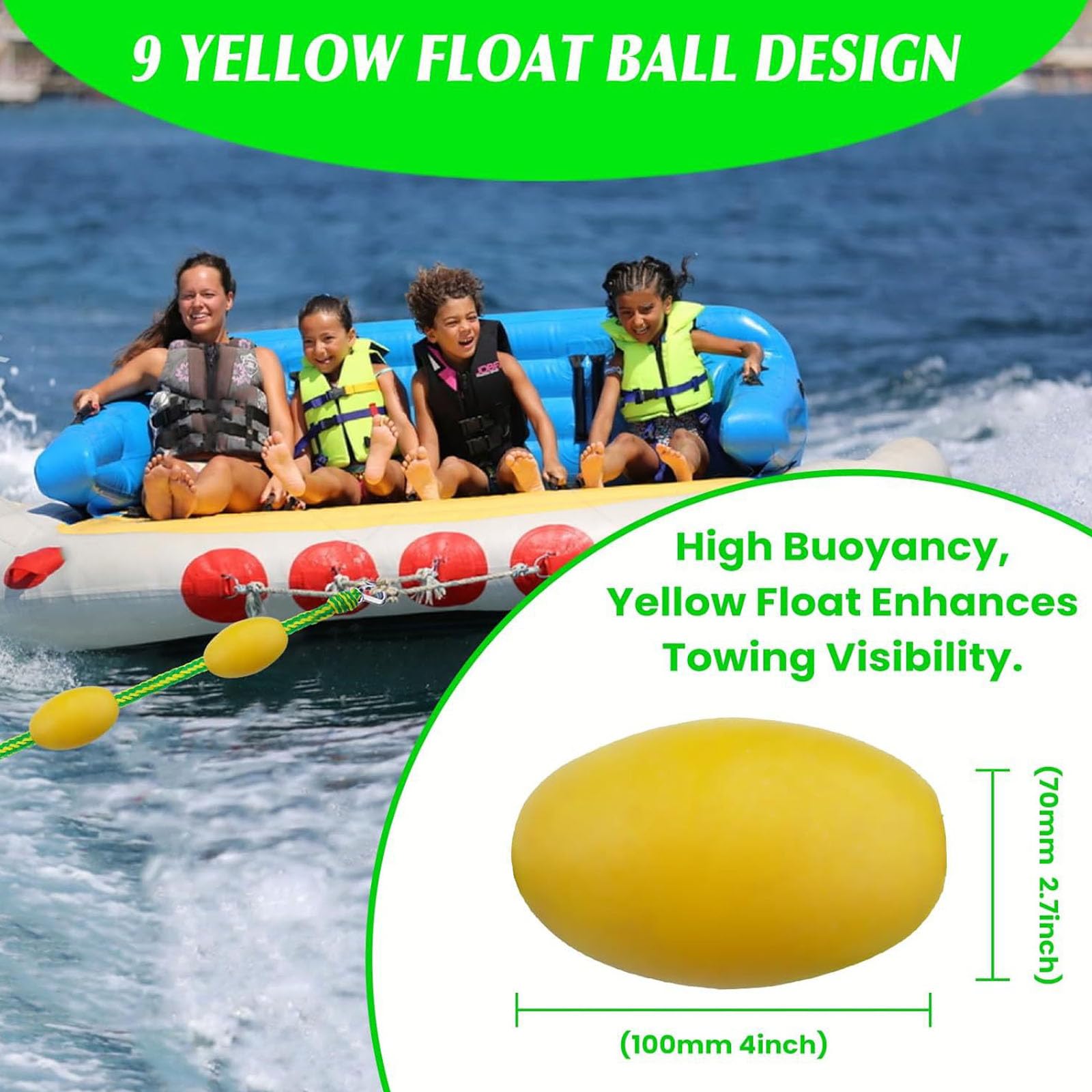 Corda da Traino per Barche Galleggiante da 60 Piedi Corda Tubolare per Barche con Galleggiante Giallo e Gancio in Acciaio Inossidabile per Barche Kayak Sport Acquatici Traino Galleggiante