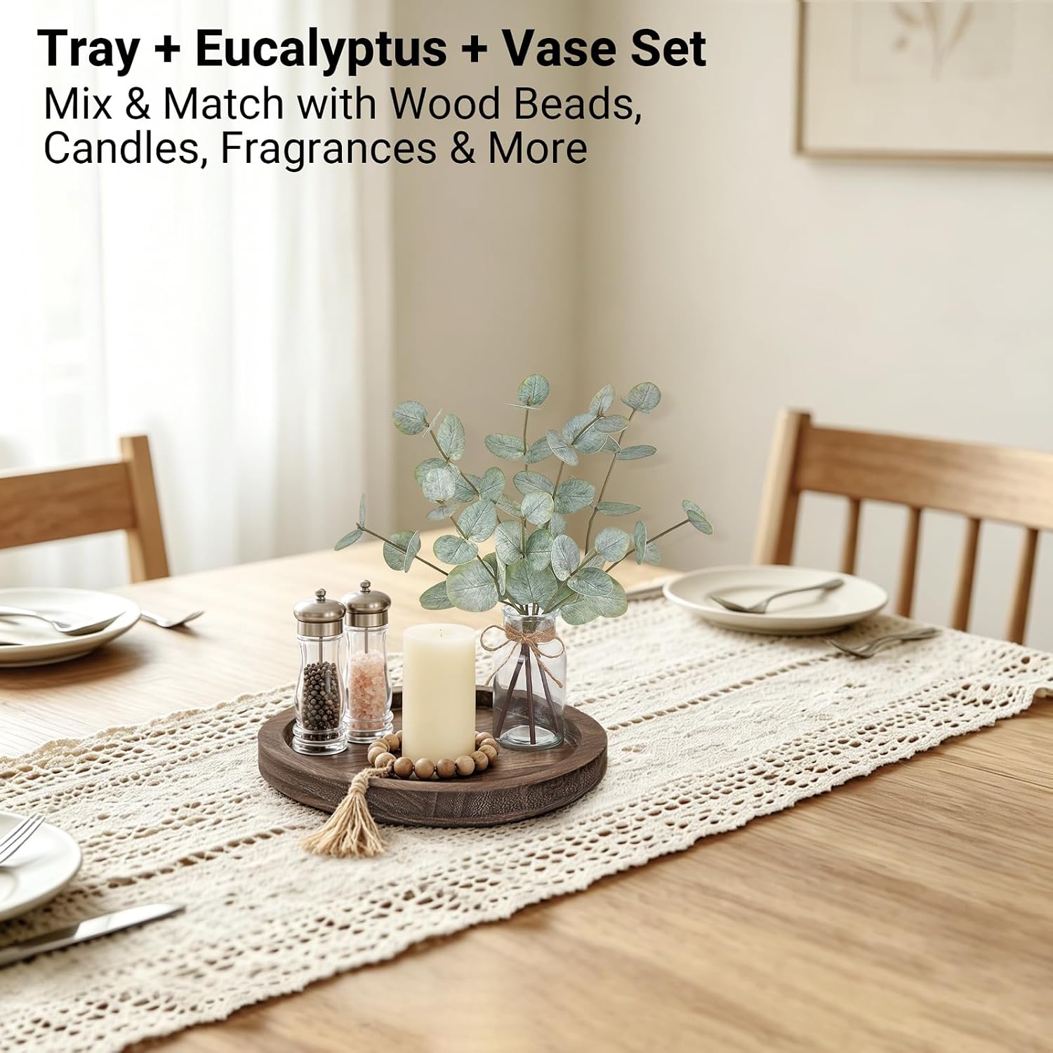Mkono Wood Decorative Tray with Artificial Eucalyptus Stems in Glass Vase