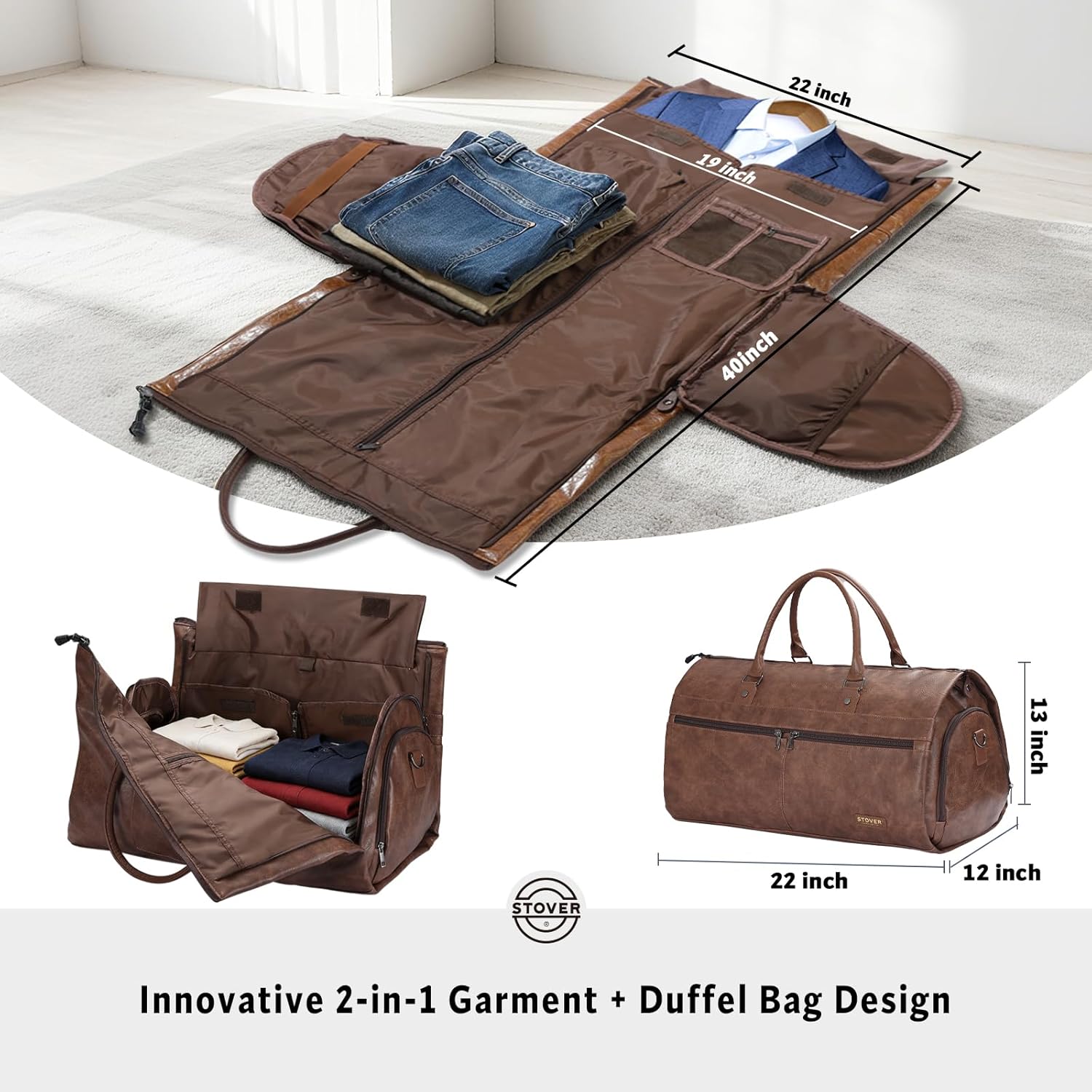 STOVER Garment Travel Duffle Bag, Large 2-in-1 Convertible Carry-on Luggage for Men & Women- Hanging Suits, Dresses & Clothes + Shoe Compartment- Weekender Tote Combo Duffel (Brown Leatherette) - Image 2