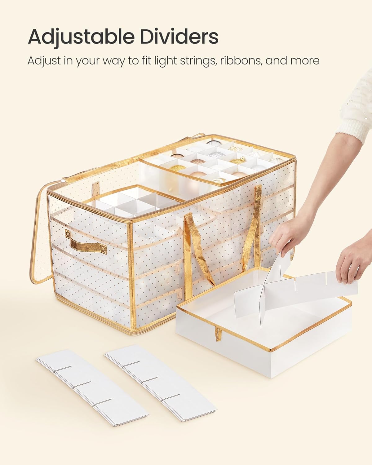 SONGMICS Set of 2 Large Christmas Ornament Storage Boxes, 16 Trays, Hold 256 Balls up to 3-Inch, Plastic Christmas Storage Containers with Lids, Dual Zippers, Side Handles Sandy Gold URFB029A07